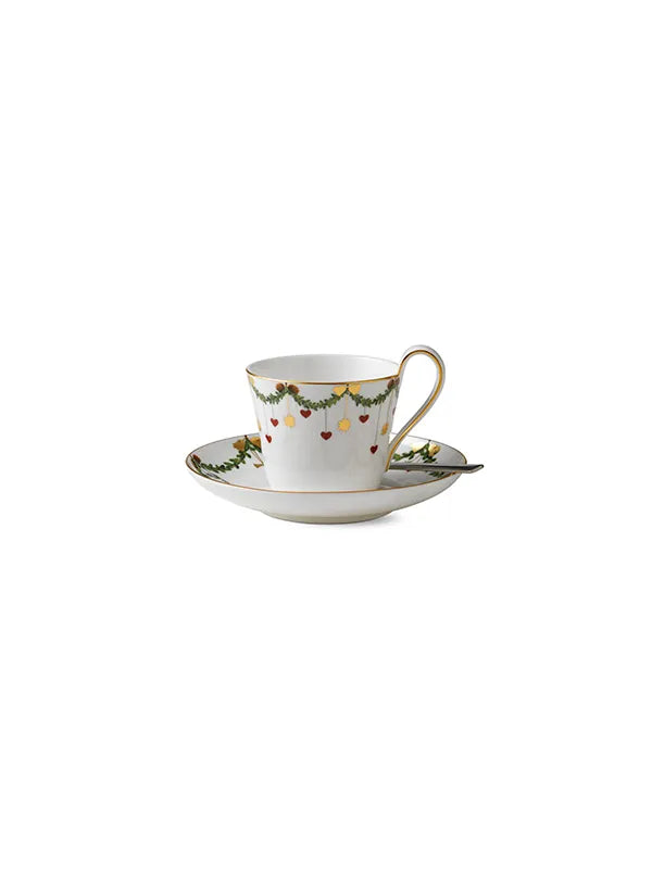 Royal Copenhagen Stjerne Riflet Jul, kopp med hög hänkel och fat 24 cl