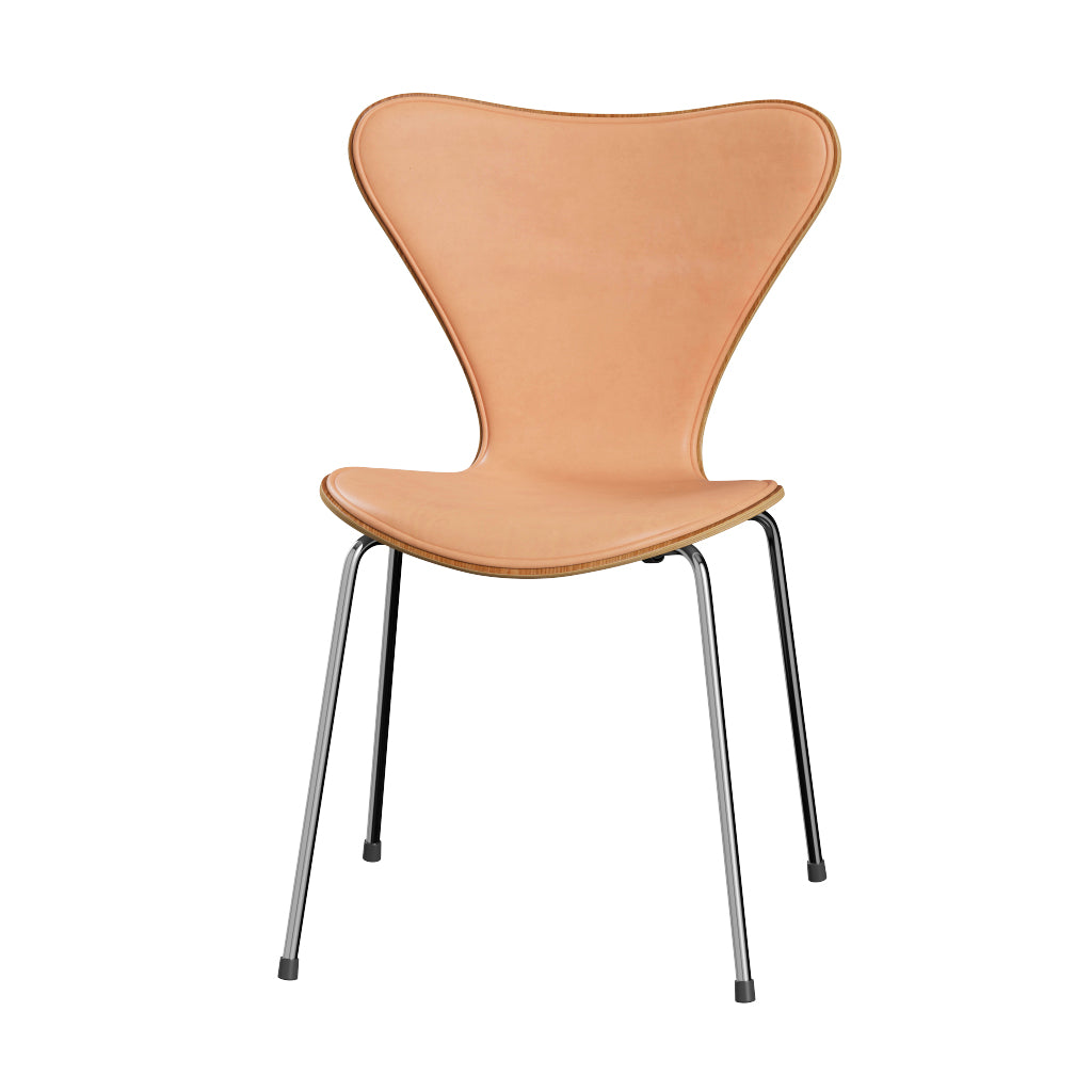 Fritz Hansen - 3107 Stol, naturfanér och frontklädd i Natur-läder - Elm - Krom stel - Jacobsen Plus