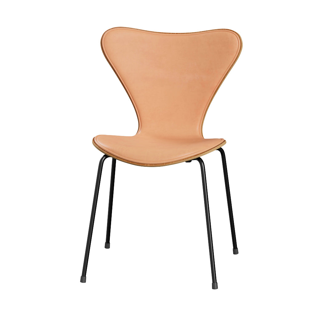 Fritz Hansen - 3107 Stol, naturfanér och frontklädd i Natur-läder - Elm - Svart stel - Jacobsen Plus
