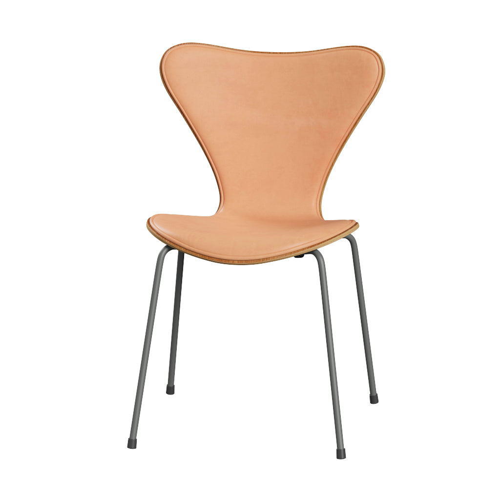 Fritz Hansen - 3107 Stol, naturfanér och frontklädd i Natur-läder - Elm - Silver Grey stel - Jacobsen Plus