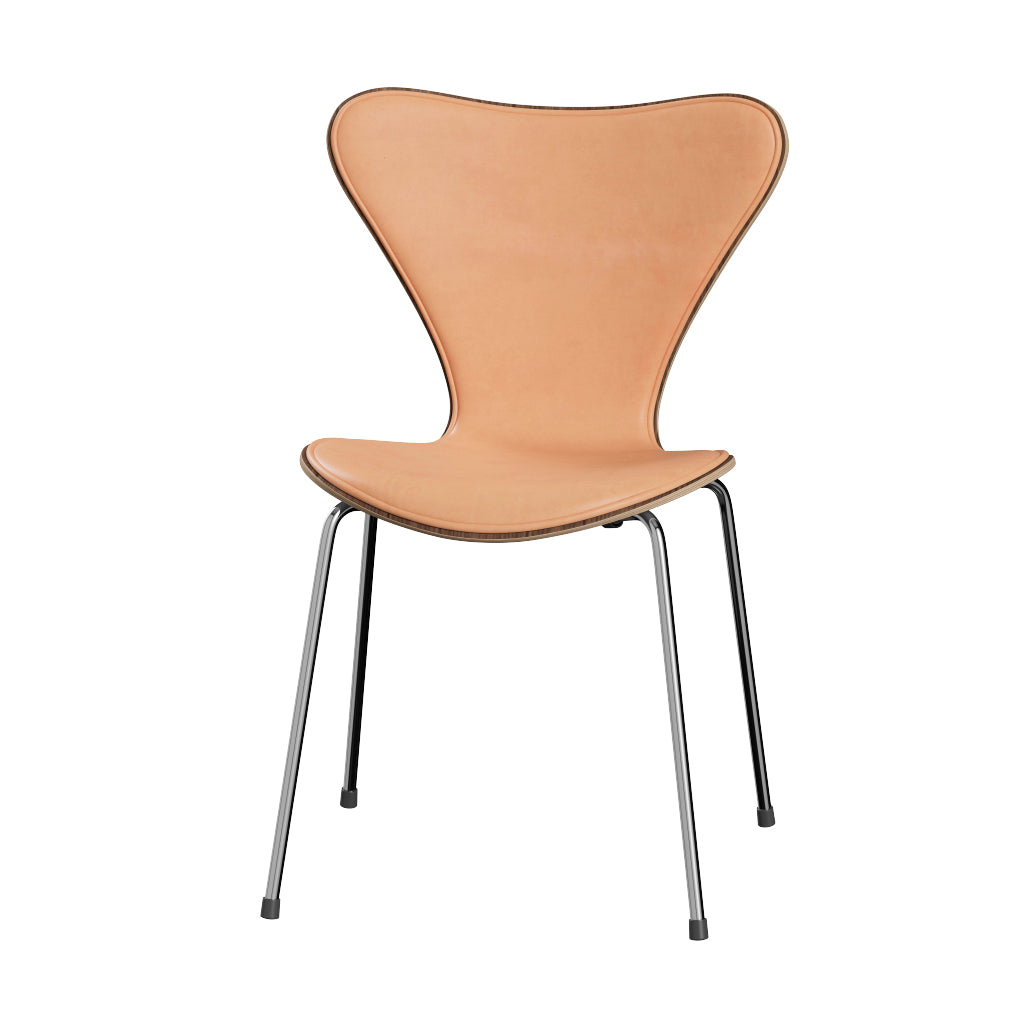 Fritz Hansen - 3107 Stol, naturfanér och frontklädd i Natur-läder - Valnöt - Krom stel - Jacobsen Plus