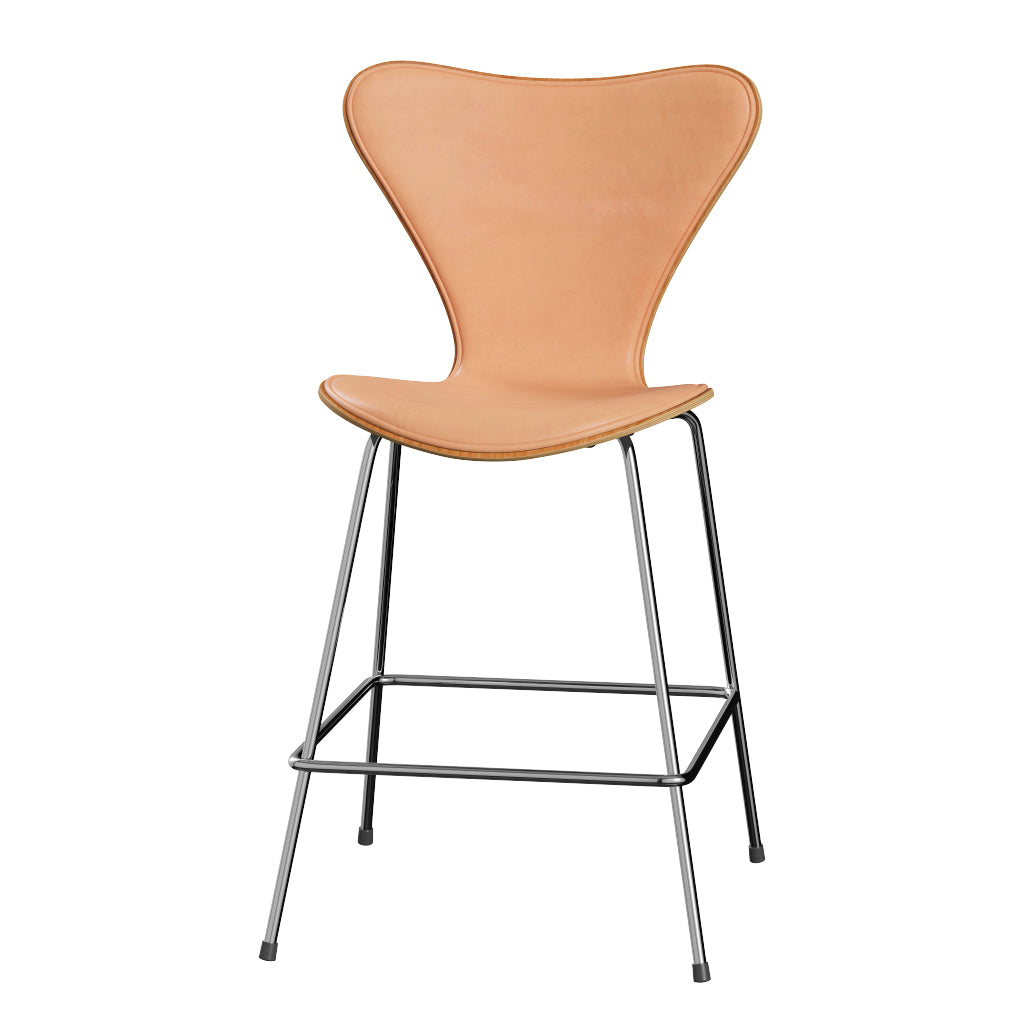 Fritz Hansen - 3187 låg barstol, naturfanér och frontklädd i Natur-läder - Kirsebær - Krom stel - Jacobsen Plus
