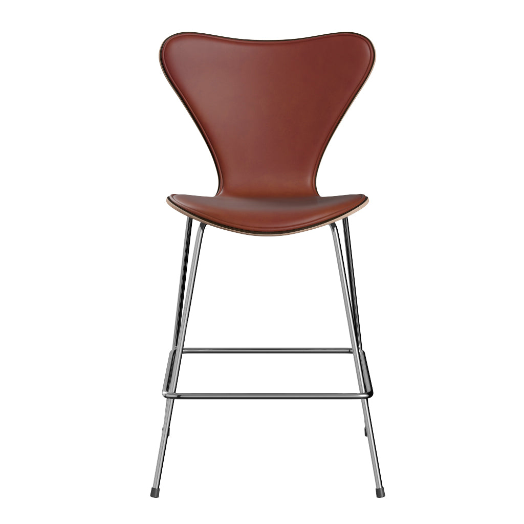 Fritz Hansen - 3187 låg barstol, naturfanér och frampolstrad i Grace läder - Mørkbejdset eg - Kastanjebrun læder - Krom stel - Jacobsen Plus