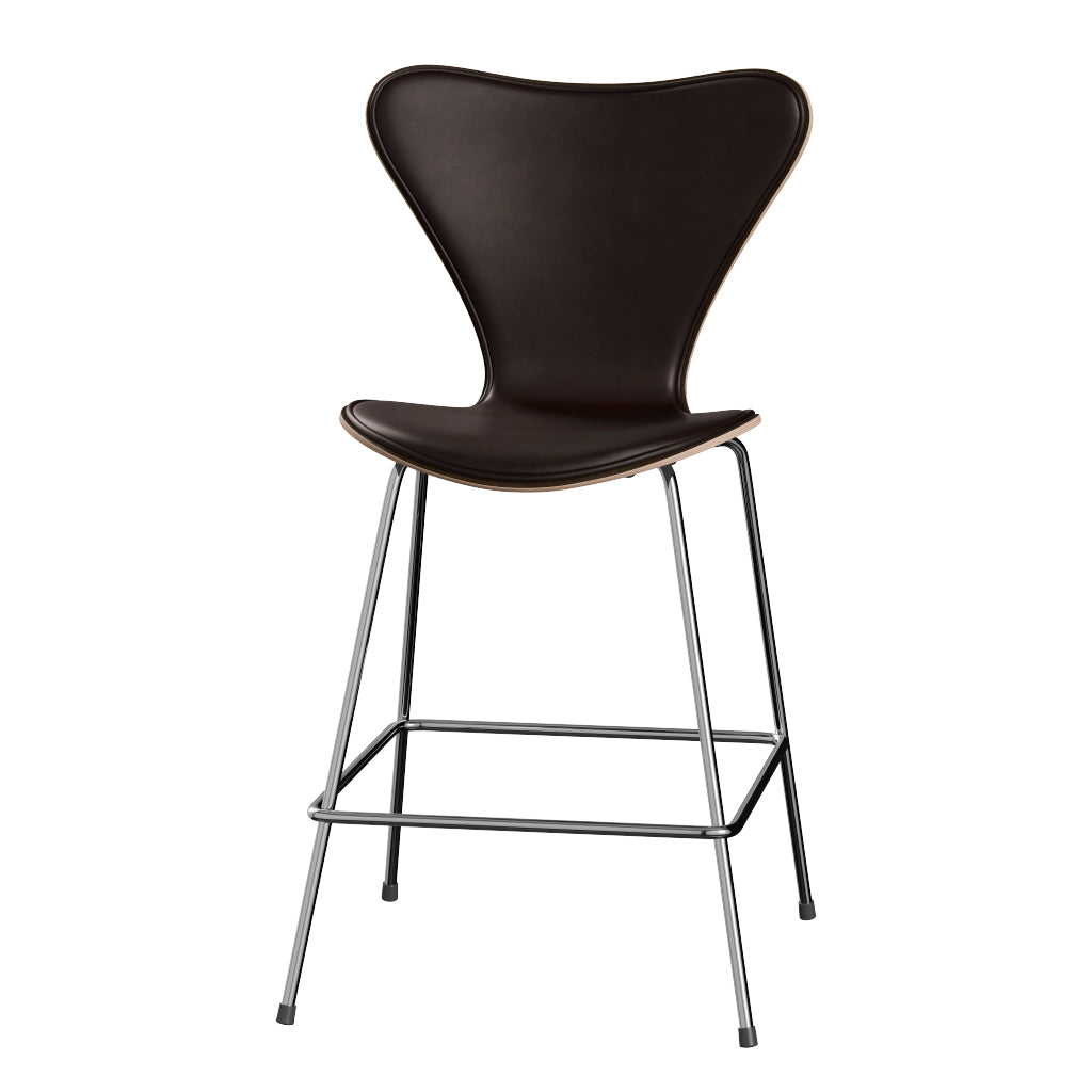 Fritz Hansen - 3187 låg barstol, naturfanér och frampolstrad i Grace läder - Mørkbejdset eg - Mørk brun læder - Krom stel - Jacobsen Plus