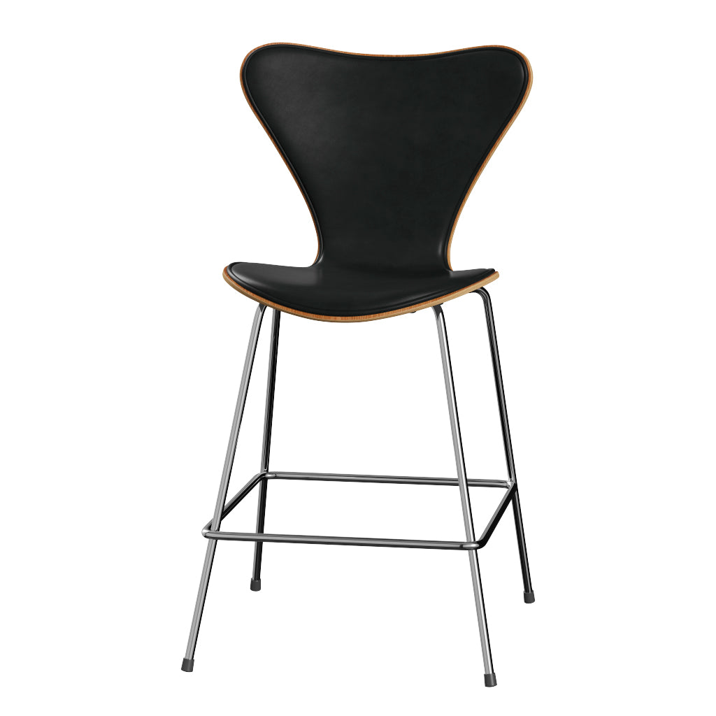 Fritz Hansen - 3187 låg barstol, naturfanér och frampolstrad i Grace läder - Elm - Svart læder - Krom stel - Jacobsen Plus