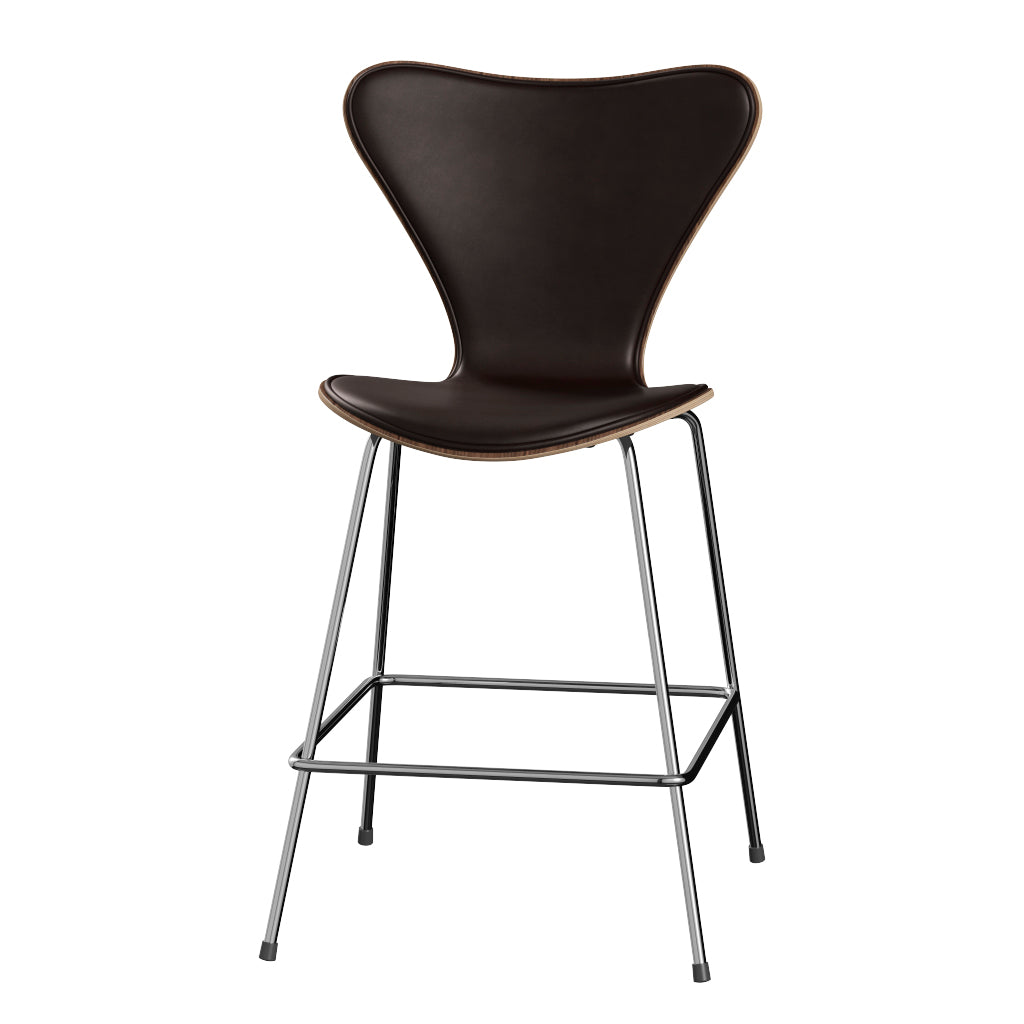 Fritz Hansen - 3187 låg barstol, naturfanér och frampolstrad i Grace läder - Valnöt - Mørk brun læder - Krom stel - Jacobsen Plus