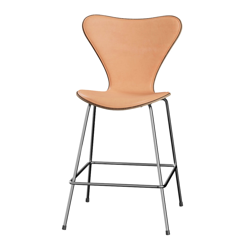 Fritz Hansen - 3187 låg barstol, naturfanér och frontklädd i Natur-läder - Valnöt - Krom stel - Jacobsen Plus
