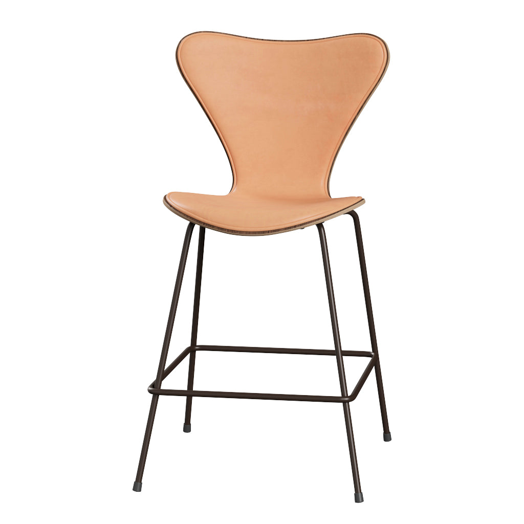 Fritz Hansen - 3187 låg barstol, naturfanér och frontklädd i Natur-läder - Valnöt - Brown Brons stel - Jacobsen Plus
