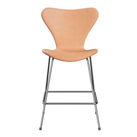 Fritz Hansen - 3187 låg barstol, helklädd i Natur-läder - Krom stel - Jacobsen Plus