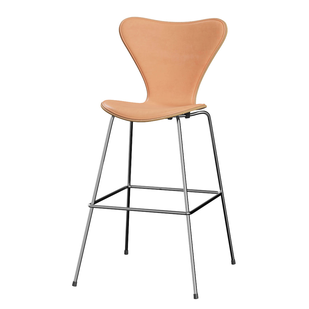 Fritz Hansen - 3197 hög barstol, naturfanér och frontklädd i Natur-läder - Bok - Krom stel - Jacobsen Plus