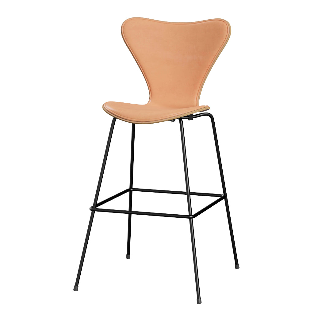 Fritz Hansen - 3197 hög barstol, naturfanér och frontklädd i Natur-läder - Bok - Svart stel - Jacobsen Plus