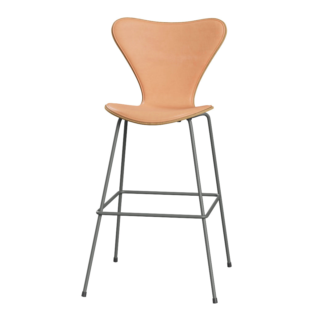 Fritz Hansen - 3197 hög barstol, naturfanér och frontklädd i Natur-läder - Ek - Silver Grey stel - Jacobsen Plus