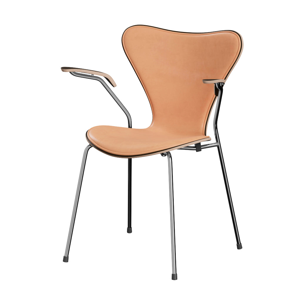 Fritz Hansen - 3207 stol med armstöd, naturfanér och frampolstring i Natur-läder - Mørkbejdset eg - Krom stel - Jacobsen Plus