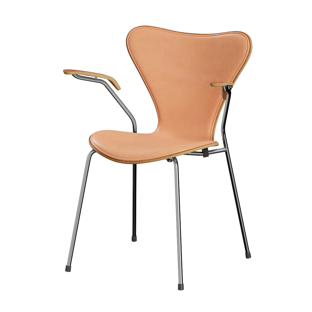 Fritz Hansen - 3207 stol med armstöd, naturfanér och frampolstring i Natur-läder - Elm - Krom stel - Jacobsen Plus