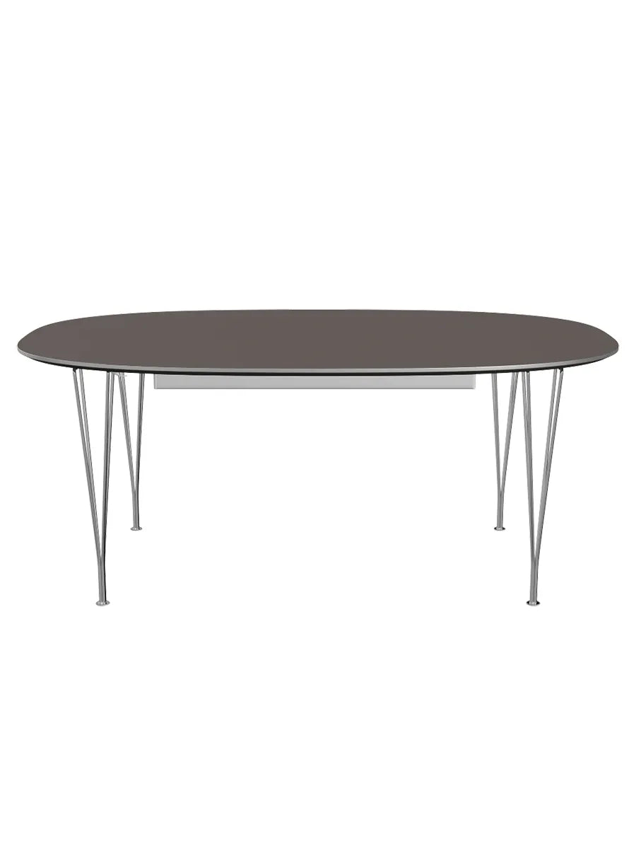 Piet Hein B619 Superellipse utdragbart bord, 180/300 x 120 cm från Fritz Hansen - Grå laminat m. alukant - Krom stel - Jacobsen Plus