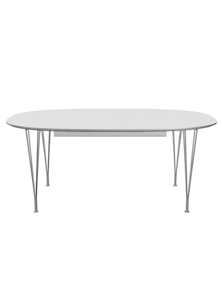 Piet Hein B619 Superellipse utdragbart bord, 180/300 x 120 cm från Fritz Hansen - Vit laminat m. alukant - Krom stel - Jacobsen Plus