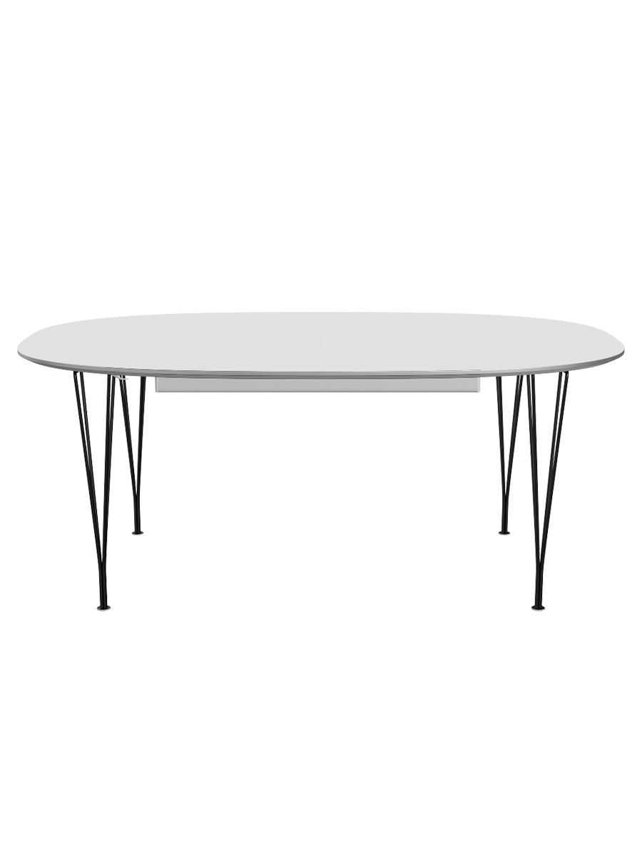 Piet Hein B619 Superellipse utdragbart bord, 180/300 x 120 cm från Fritz Hansen - Vit laminat m. alukant - Svart stel - Jacobsen Plus