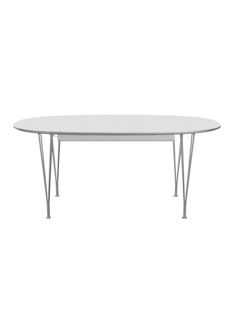 Piet Hein B620 Superellipse utdragbart bord, 170/270 x 100 cm från Fritz Hansen - Vit laminat m. alukant - Krom stel - Jacobsen Plus