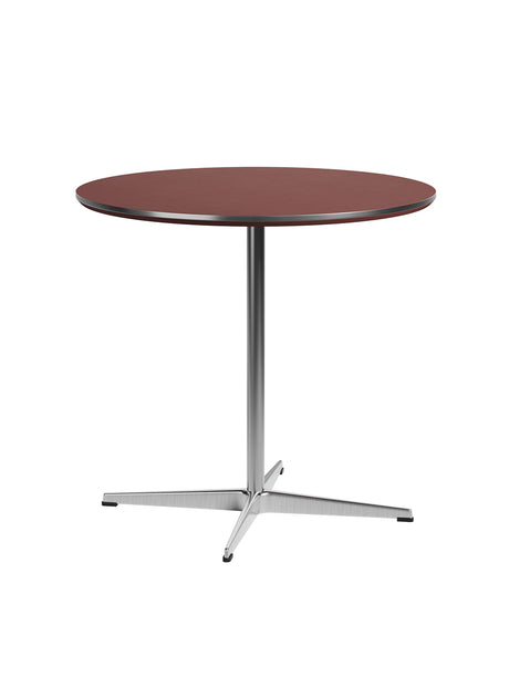 Piet Hein A622 cafébord, Ø75 cm från Fritz Hansen - Rusty Red laminat m. alukant - Krom stel - Jacobsen Plus
