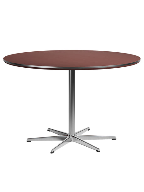 Piet Hein A825 Matbord, Ø120 cm från Fritz Hansen - Rusty Red laminat m. alukant - Krom stel - Jacobsen Plus