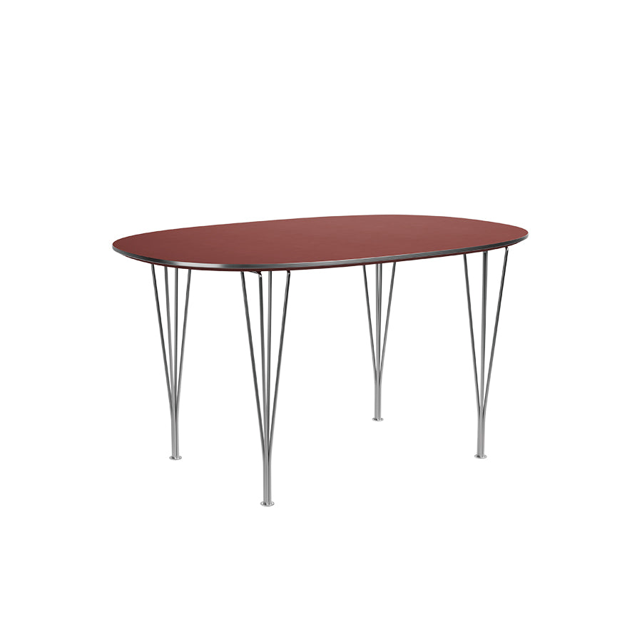 Piet Hein B611 Superellipse Matbord, 135 x 90 cm från Fritz Hansen - Rusty Red laminat m. alukant - Krom stel - Jacobsen Plus