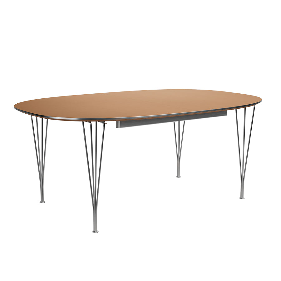 Piet Hein B619 Superellipse utdragbart bord, 180/300 x 120 cm från Fritz Hansen - Light Amber laminat m. alukant - Krom stel - Jacobsen Plus