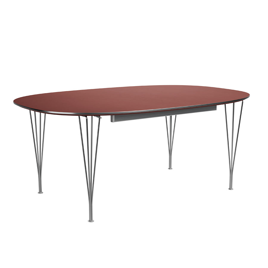 Piet Hein B619 Superellipse utdragbart bord, 180/300 x 120 cm från Fritz Hansen - Rusty Red laminat m. alukant - Krom stel - Jacobsen Plus