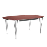 Piet Hein B619 Superellipse utdragbart bord, 180/300 x 120 cm från Fritz Hansen - Rusty Red laminat m. alukant - Krom stel - Jacobsen Plus
