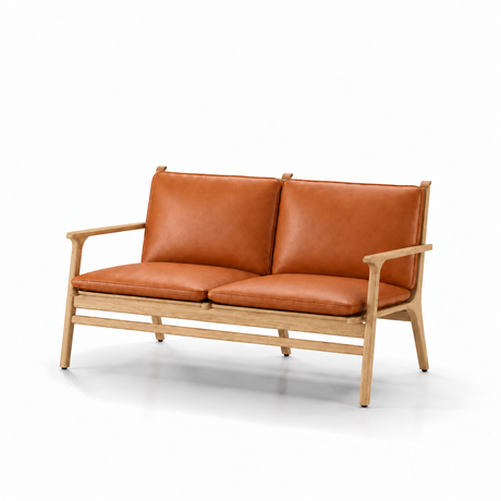 Stellar Works - Rén 2-sitssoffa, ek natur, dynor med cognacläder - 1 - Jacobsen Plus