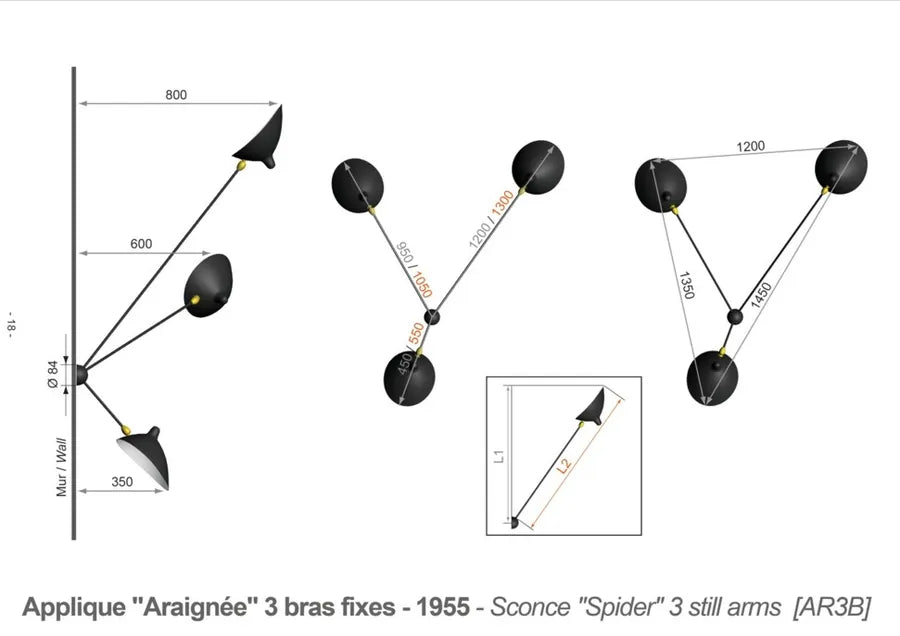 Spider Big vägglampa med 3 fasta armar av Serge Mouille - 4 - Jacobsen Plus