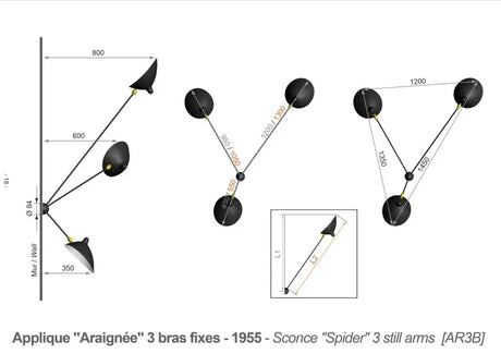 Spider Big vägglampa med 3 fasta armar av Serge Mouille - 4 - Jacobsen Plus