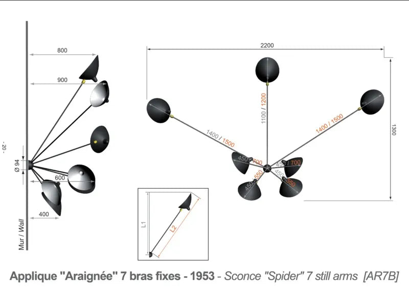 Spider Big vägglampa med 7 fasta armar av Serge Mouille - 4 - Jacobsen Plus