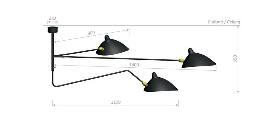 Ceiling Lamp med 2 fasta armar och 1 böjd roterande arm av Serge Mouille - 2 - Jacobsen Plus