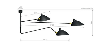 Ceiling Lamp med 2 fasta armar och 1 böjd roterande arm av Serge Mouille - 2 - Jacobsen Plus